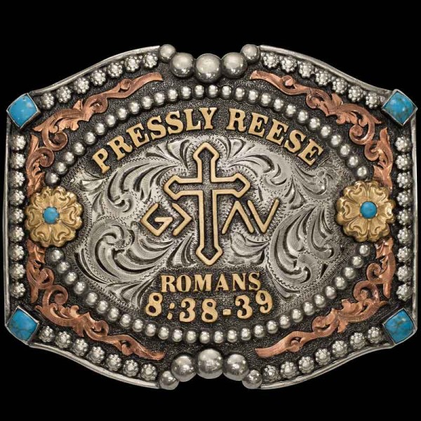 The Nashville Custom Belt Buckle is adorned with beautiful beads, copper scrollwork and turquoise stones. Personalize this belt buckle with your initials, name or special date!